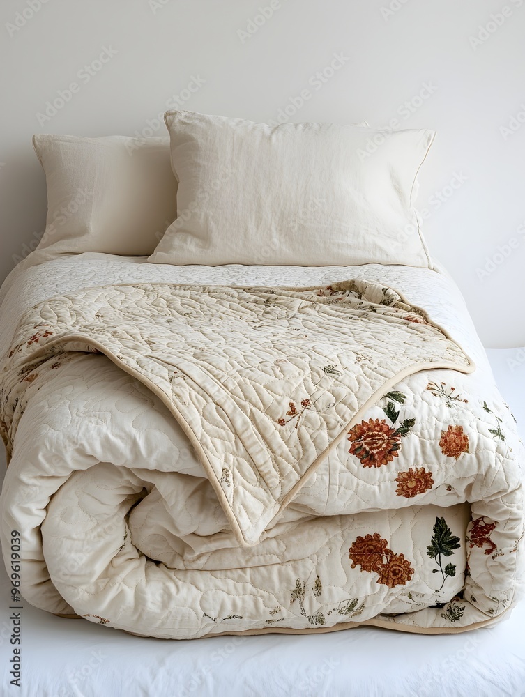 Poster closeup of a beautifully folded quilt or blanket resting at the end of a bed against a plain white b