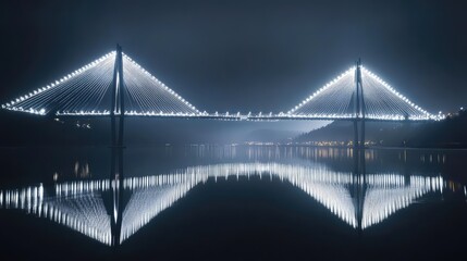 Fototapeta premium A suspension bridge lit up with brilliant white lights that outline its cables and structure, reflecting on the water below. Dramatic and striking