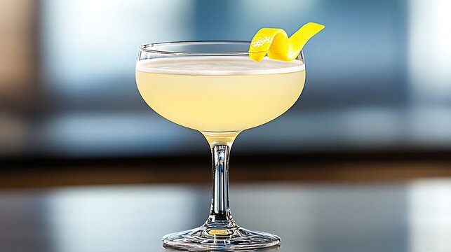 The classic Corpse Reviver No. 2 cocktail served in an elegant coupe glass, the pale yellow liquid with a slight sheen, garnished with a lemon twist. The sophisticated drink is placed on a dark, 