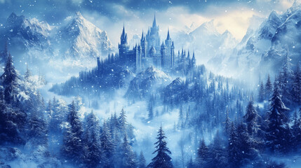 Obraz premium Na malowniczym tle zimowego krajobrazu, majestatyczny zamek błyszczy na górze, otoczony śniegiem i lodem. Zimowy las wokół zamku dodaje tajemniczości i magii.