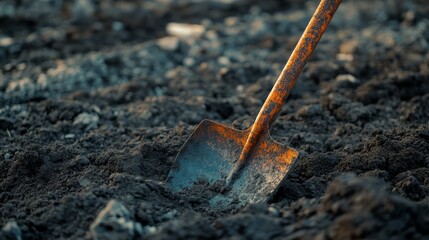 A rusted shovel stands upright in dark freshly turned earth a testament to hard work