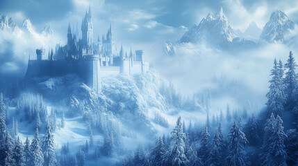 Na malowniczym tle zimowego krajobrazu, majestatyczny zamek błyszczy na górze, otoczony śniegiem i lodem. Zimowy las wokół zamku dodaje tajemniczości i magii.