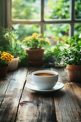 A cozy morning scene featuring a cup of coffee and a potted plant by the window, overlooking a cityscape illuminated by a warm sunrise.