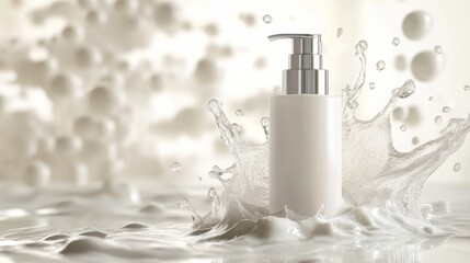 White Bottle of Liquid Soap in Water Splash.