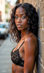 Fototapeta premium A confident black model showcases elegant black lingerie, exuding poise and style while standing on a lively street lined with vehicles and warm evening light