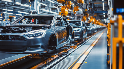 W nowoczesnej fabryce samochodów, linia montażowa funkcjonuje pełną parą, tworząc nowoczesne pojazdy.