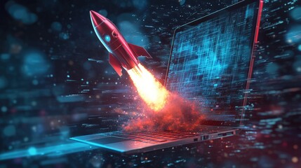 Naklejka premium Rocket blasting off from a laptop screen, representing the power of innovation and creativity, with a dynamic background