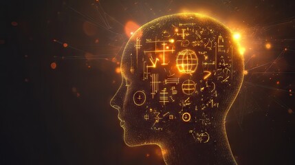 A glowing silhouette of a head with various math symbols floating inside, including plus signs, fractions, and formulas.