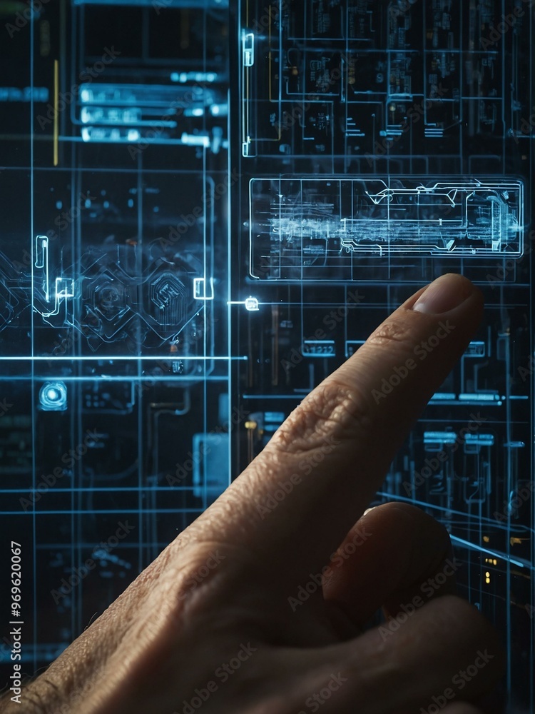 Poster fingertip interacting with a futuristic interface.