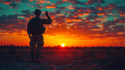 Silhouette of a soldier saluting at sunset.