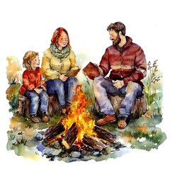 Fototapeta premium Family Gathering Around a Campfire, Watercolor Illustration.