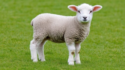Obraz premium A charming lamb with soft white fur stands in a vibrant grassy field, enjoying the fresh air and serene surroundings on a sunny day