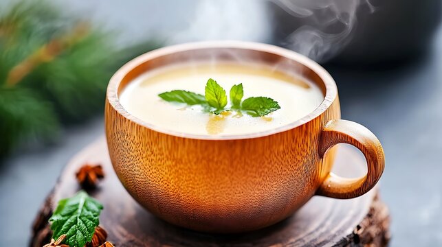 Traditional Russian sbiten served in a rustic wooden cup, with steam rising from the hot beverage. The drink is made with honey, spices, and herbs, evoking a cozy, wintry feel. 