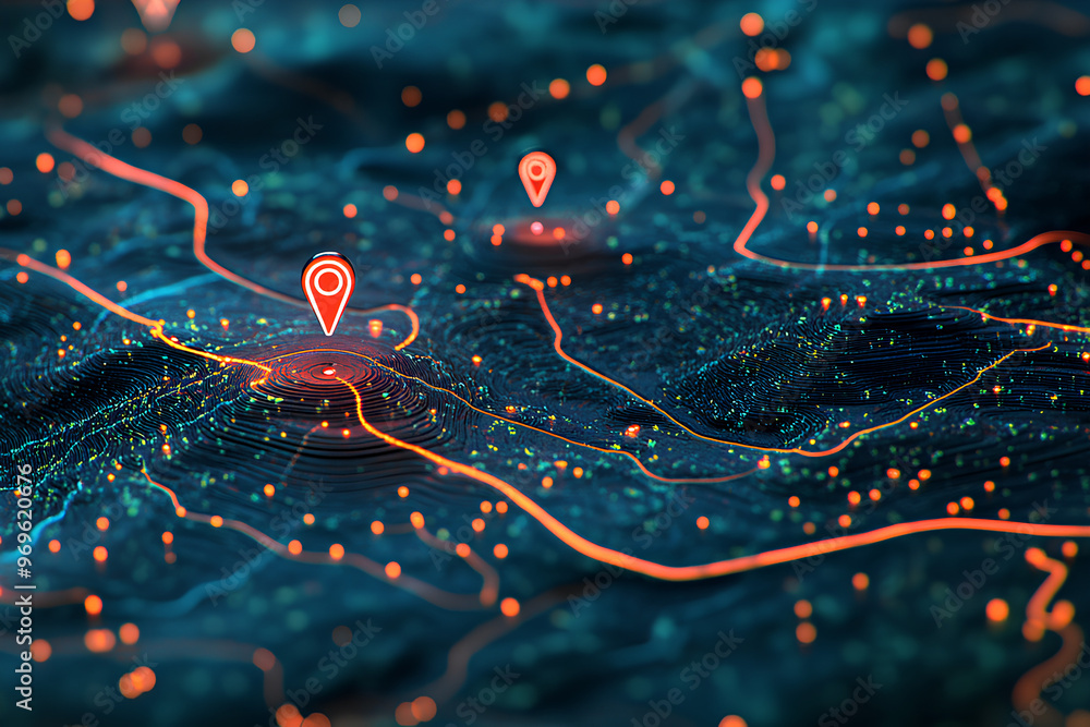 Poster a digital map visualization with location pins and illuminated pathways.