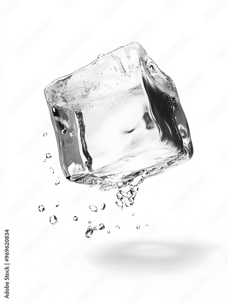 Poster closeup of a single transparent frozen ice cube floating in the air with water droplets and reflecti