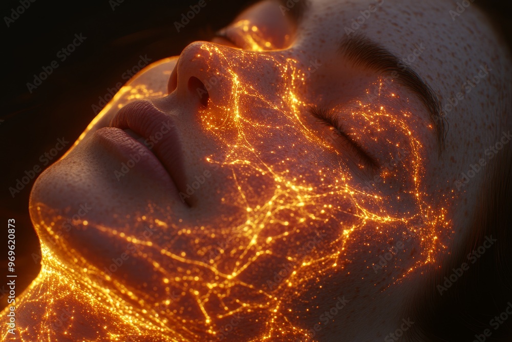 Poster neurodegeneration data processing deep learning and stimulus woman with golden neural sparks and rel