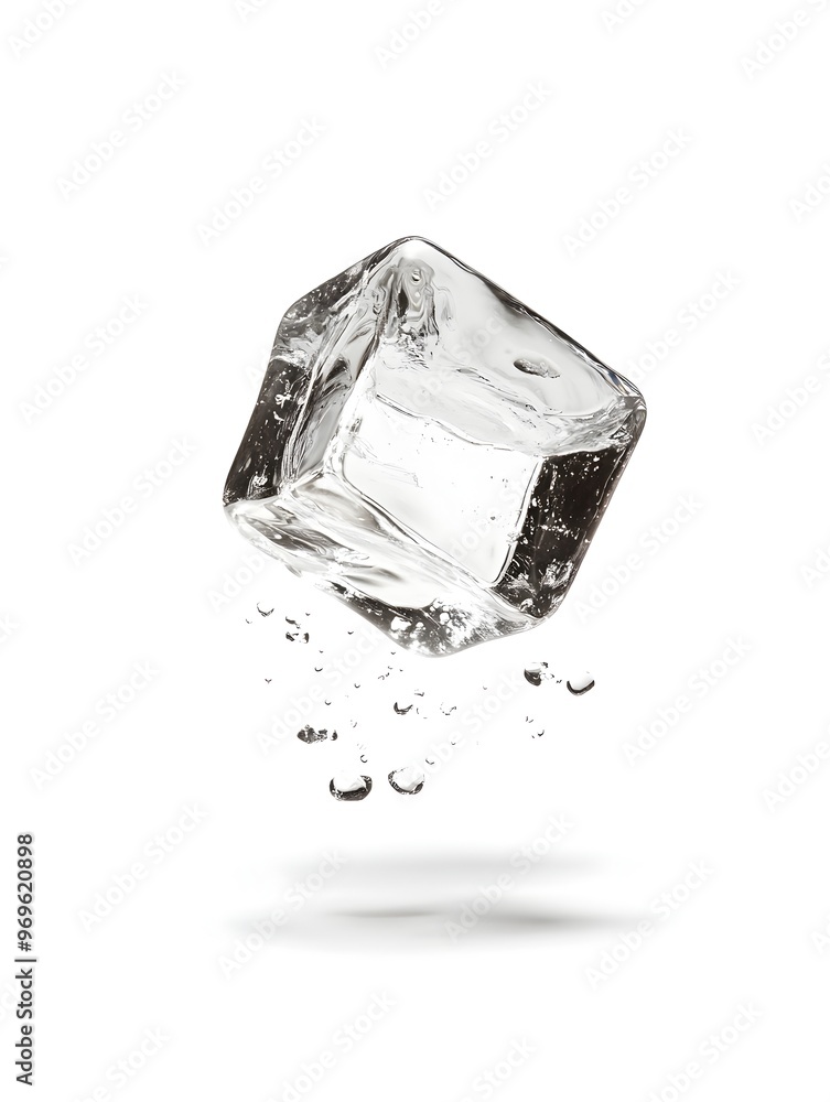 Poster closeup of a single transparent ice cube floating on a reflective surface the ice crystal displays a