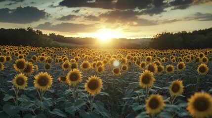 Obraz premium Sunflowers face the horizon as the sun sets casting a soft light over the blooming field