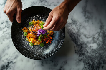 Chef garnishing gourmet dish with flowers and herbs on a marble countertop