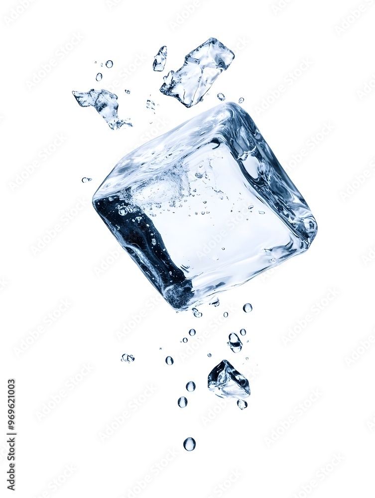 Poster closeup of a single transparent ice cube with splashing water droplets on a clean white background r
