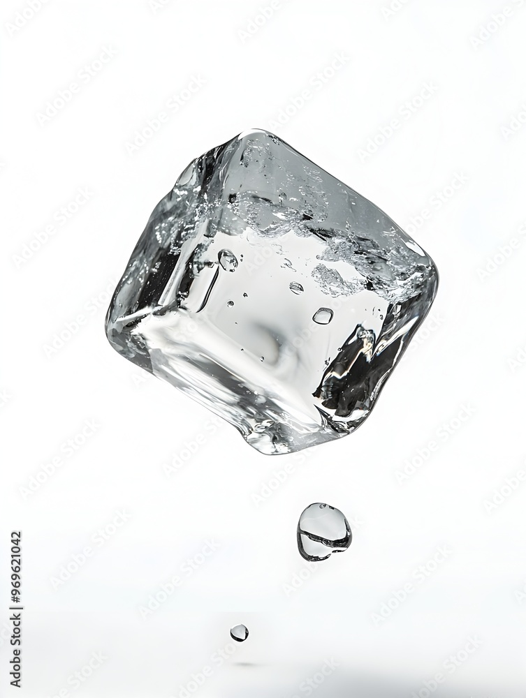 Poster closeup of a single transparent ice cube with intricate patterns and droplets on a simple minimalist