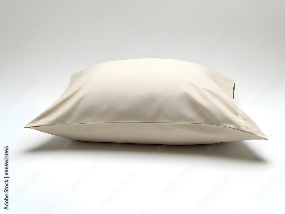 Poster closeup of a single soft and comfortable cotton pillow with a plain white pillowcase isolated on a p