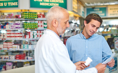 Pharmacy, customer and pills with people in store for prescription, insurance and medicine. Medical, help and antibiotic consulting with pharmacist in clinic for healthcare, drugstore and dispensary