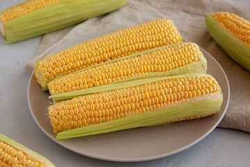 Raw Yellow Sweet Corn on the Cob, side view.