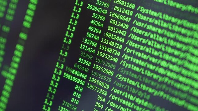 Futuristic Digital Green Letters Falling Down Background on screen of laptop