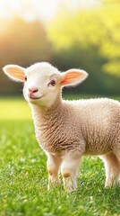 Obraz premium A charming lamb with soft white fur stands in a vibrant grassy field, enjoying the fresh air and serene surroundings on a sunny day