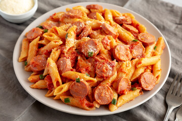 Homemade One-Pot Hot Dog Pasta on a Plate, side view.