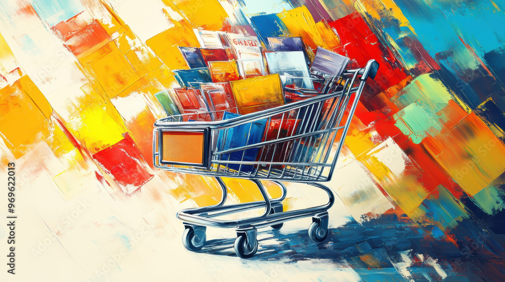 Poster a vibrant shopping cart filled with colorful frames against an abstract background