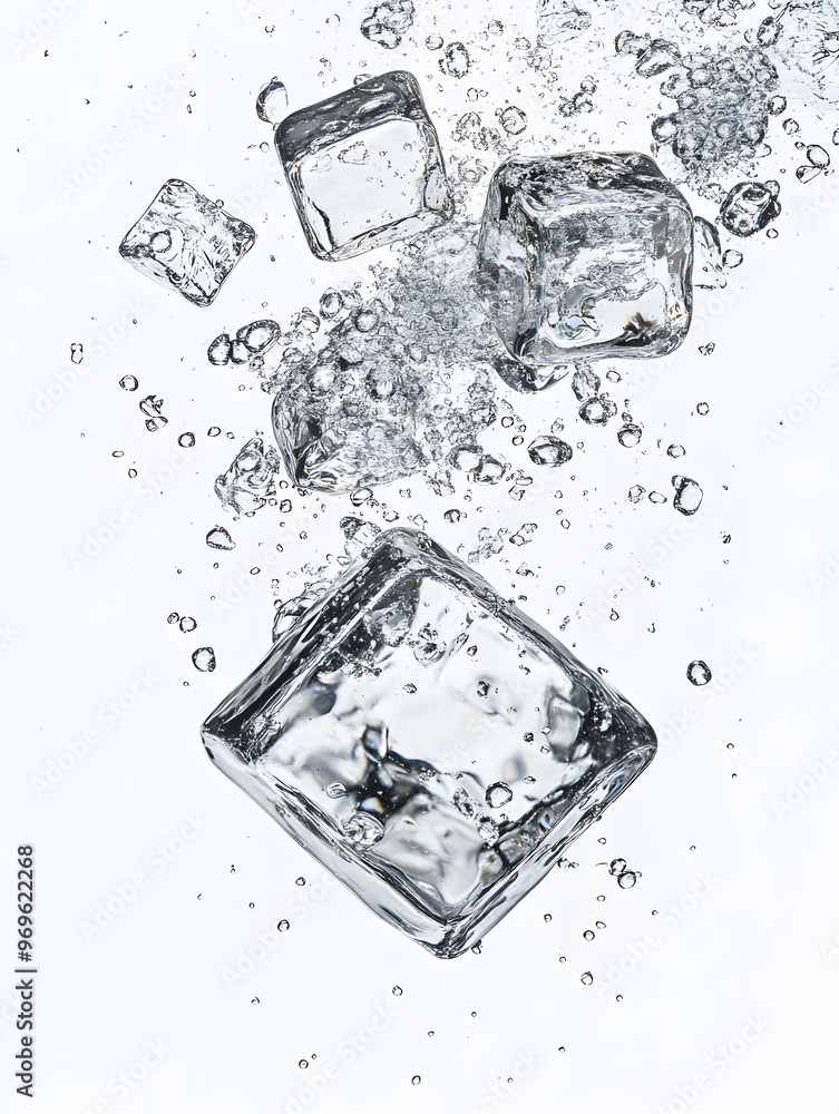 Poster closeup of transparent ice cubes splashing and floating in a clear glass container filled with a ref