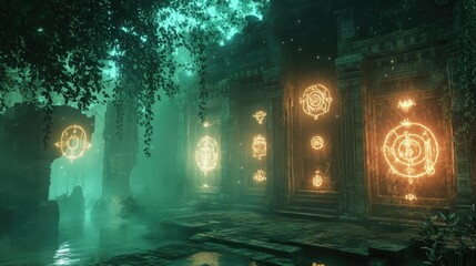 The floating 3D ruins of Kamaha ancient magical civilization, with glowing symbols still pulsing on the walls, illuminated by soft, magical light. Historic and mystical