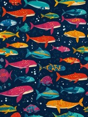 Fun sea fish and whale pattern in colorful vector.