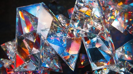 A letter "N" formed from shattered mirrors, each piece reflecting different colors of light, creating a fractured but cohesive abstract image. Reflective and fragmented