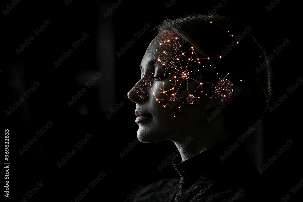 Poster synaptic plasticity cognitive pathways neuron interface and intelligence quotient woman with dark ba