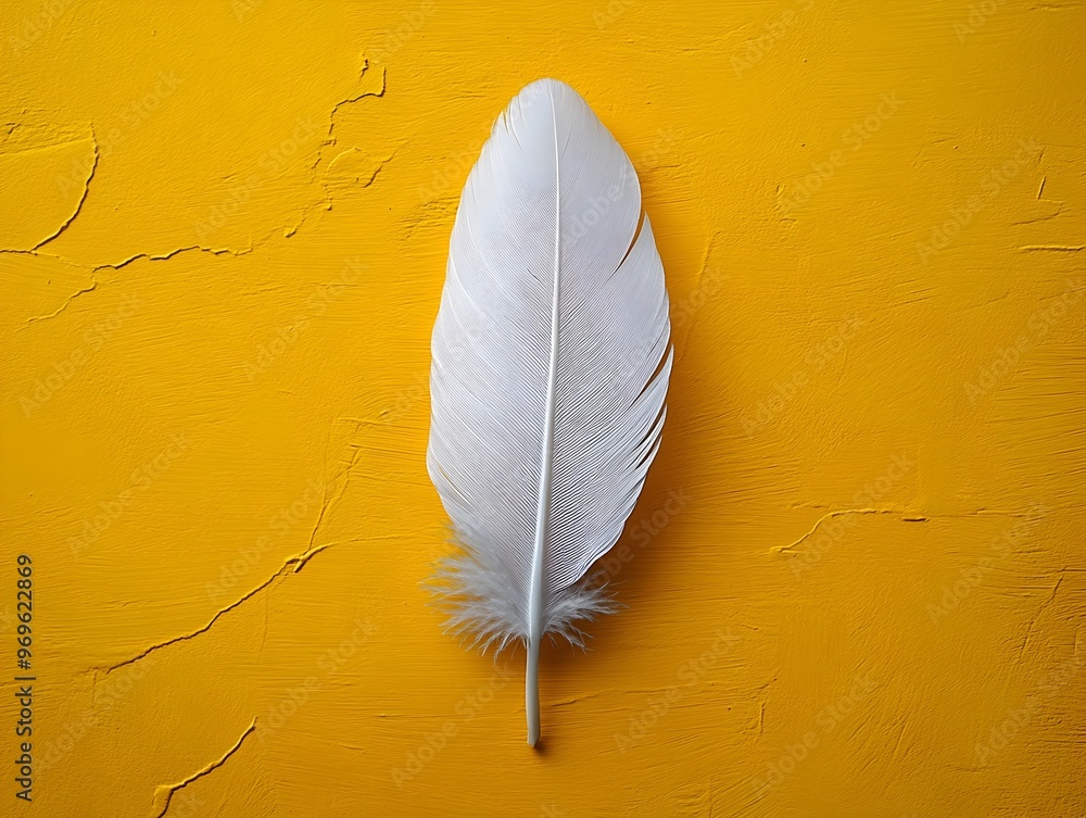 Poster closeup view of a single delicate white feather gently resting on a vibrant textured yellow backgrou