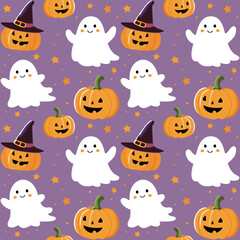 Cute ghosts, pumpkins, and witch hats seamless pattern for Halloween holiday. Halloween background for fabric, wrapping paper, textile, wallpaper and craft.