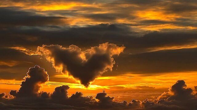 Heart in the Sky: A heart-shaped cloud painted against a vibrant orange sunset, evoking a sense of hope, love, and wonder. The warm glow of the sun illuminates the sky, creating a captivating and ethe