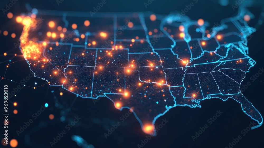 Wall mural Digital Map of the United States with Glowing Cities