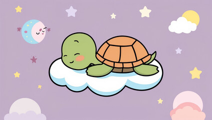 Fototapeta premium Little cartoon turtle sleeping on a cloud, flat design illustration