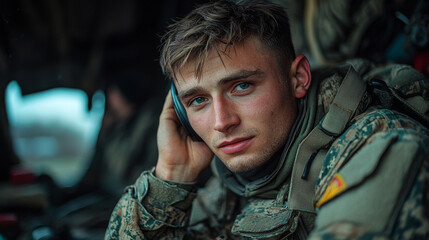 Obraz premium Young man in military uniform wearing headphones.