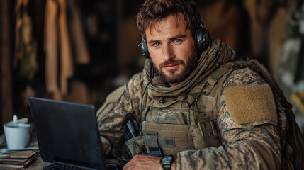 Fototapeta premium A soldier in camouflage uniform uses a laptop while wearing headphones.