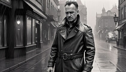 Obraz premium sad and gloomy elderly man in coat in the rain in black and white