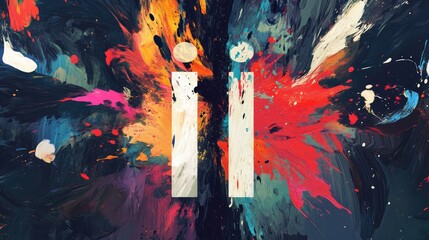 The letter "I" suspended in space, surrounded by splashes of colorful paint, creating an abstract, artistic design. Expressive and bold