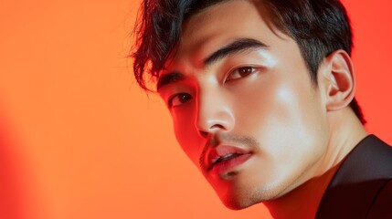 Close-up Portrait of Young Man with Black Hair and Red Background.