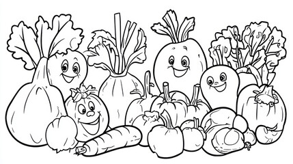 Colorful cartoon vegetables with smiling faces create cheerful scene