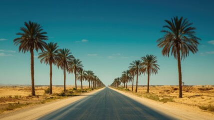 A long desert road stretching into the distance, flanked by palm trees with golden sands visible beyond the trees under a deep blue sky