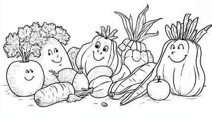 Colorful and cheerful cartoon vegetables with smiling faces create fun scene